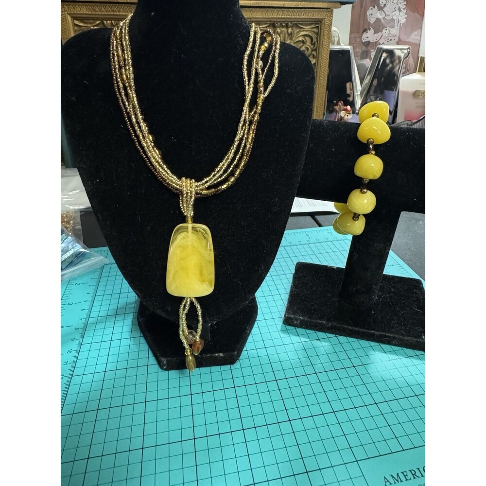 Vintage Beaded Yellow Marbled Statement Necklace With Matching Bracelet Set